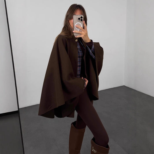 Winter Elegant Style Solid Color Waist Tight Woolen Cape Coat Mid-length