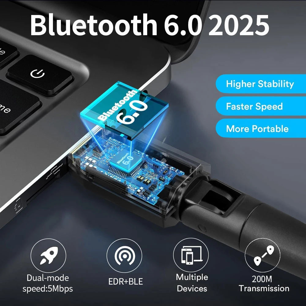 200M Bluetooth 6.0 5.4 Adapter USB Dongle Wireless Adapter Music Audio Receiver Transmitter for PC Mouse Keyboard Driver Free