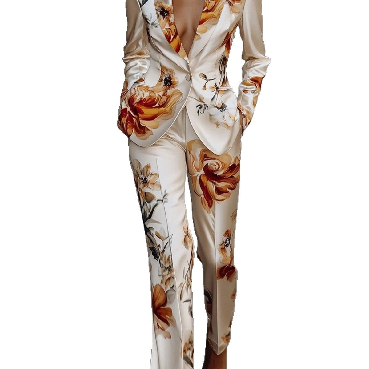 Fashion Printing Satin Long Sleeve Suit Two-piece Set