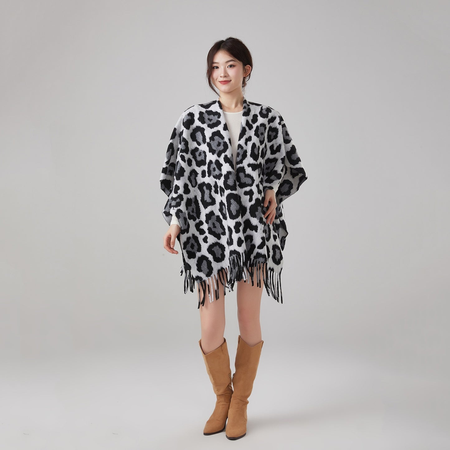 Thick Warm Vintage Leopard Print Tassel Shawl
