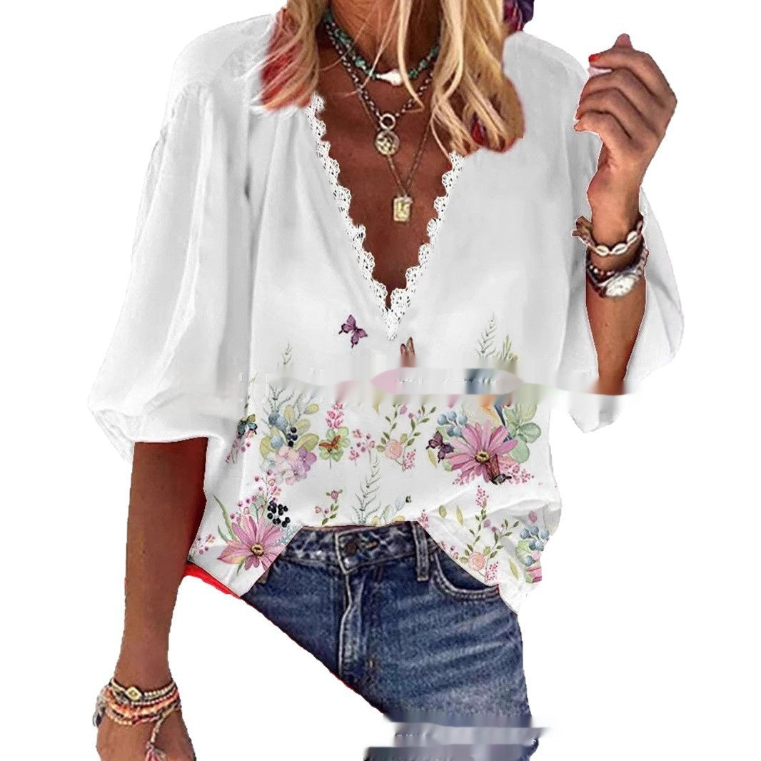 V-neck Half Sleeves Lace Printed Loose Top