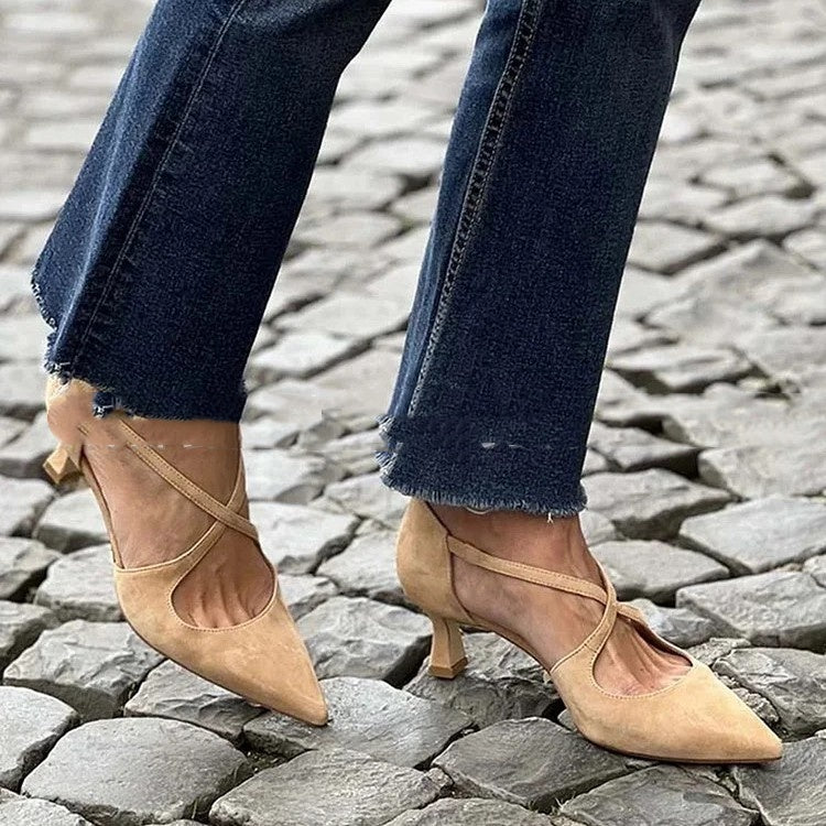 Plus Size Pointed Toe Suede Cross Buckle Strap Hollowed Sandals