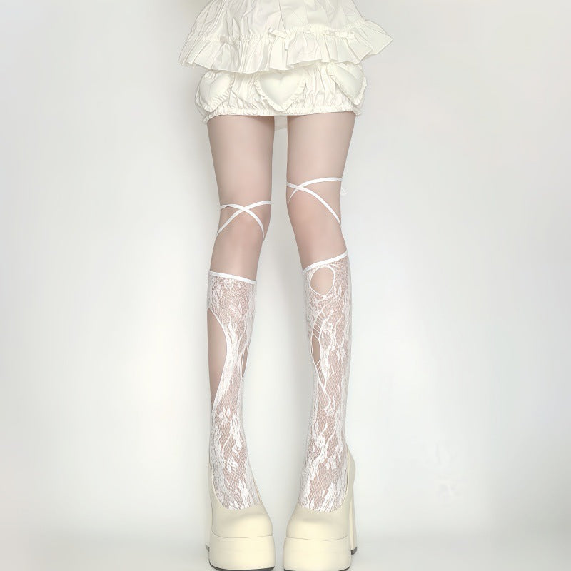 Bow Bandage Hollow Calf Socks Ripped Black Lace Mid-calf Mesh Stockings