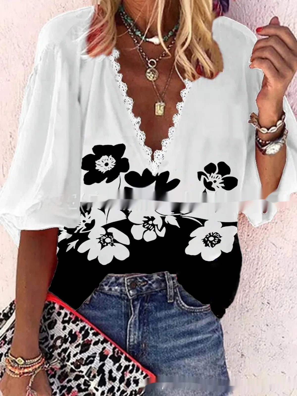 V-neck Half Sleeves Lace Printed Loose Top