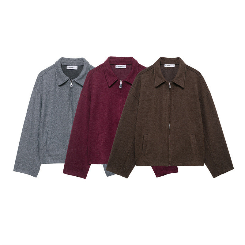 Fashion Loose Lapel Long Sleeves Zipper Woolen Coat