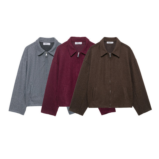 Fashion Loose Lapel Long Sleeves Zipper Woolen Coat