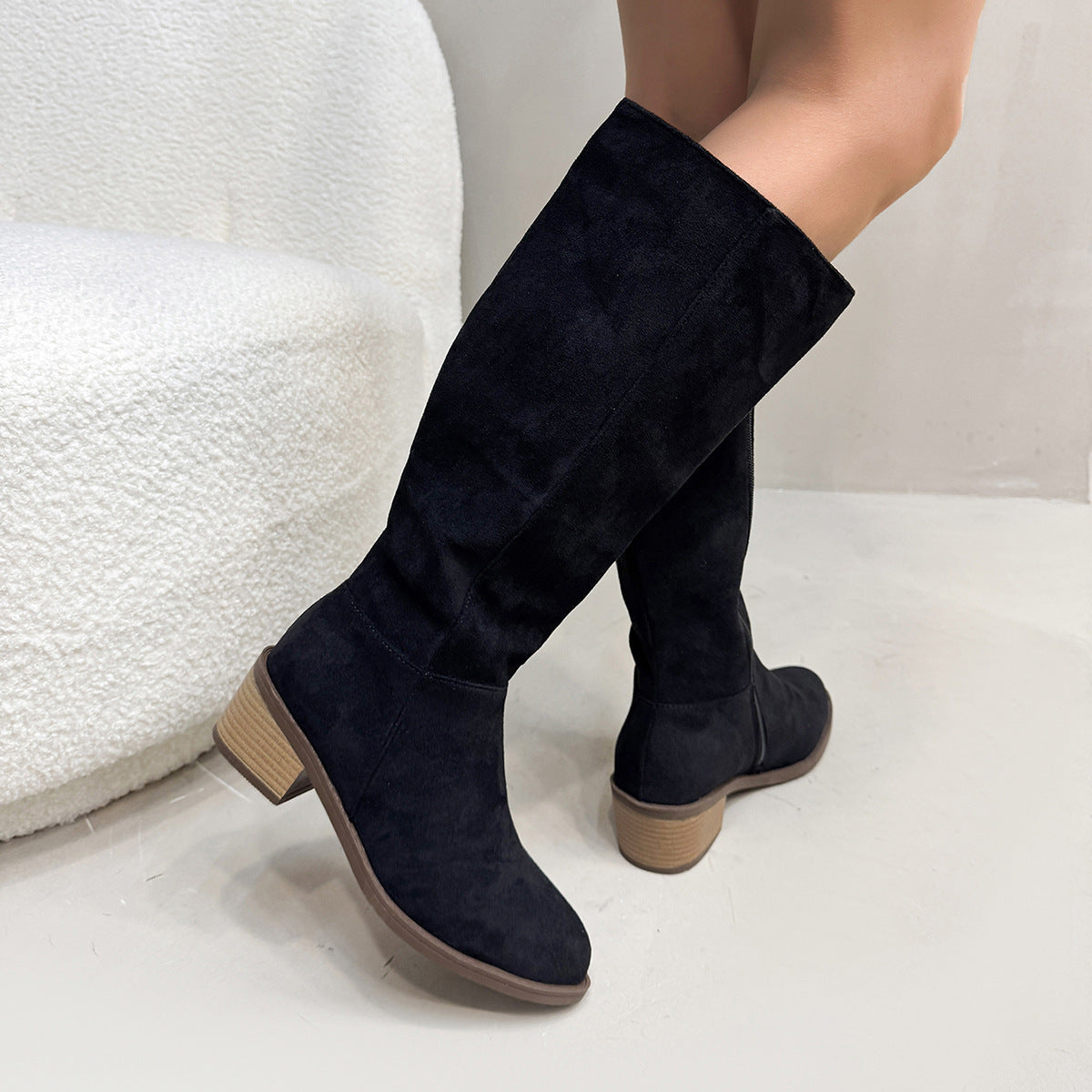 Chunky Heel Small Slim Suede Over The Knee Side Zipper Boots