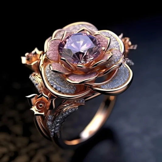Rose Inlaid Zircon Luxurious And Personalized High-grade Ring