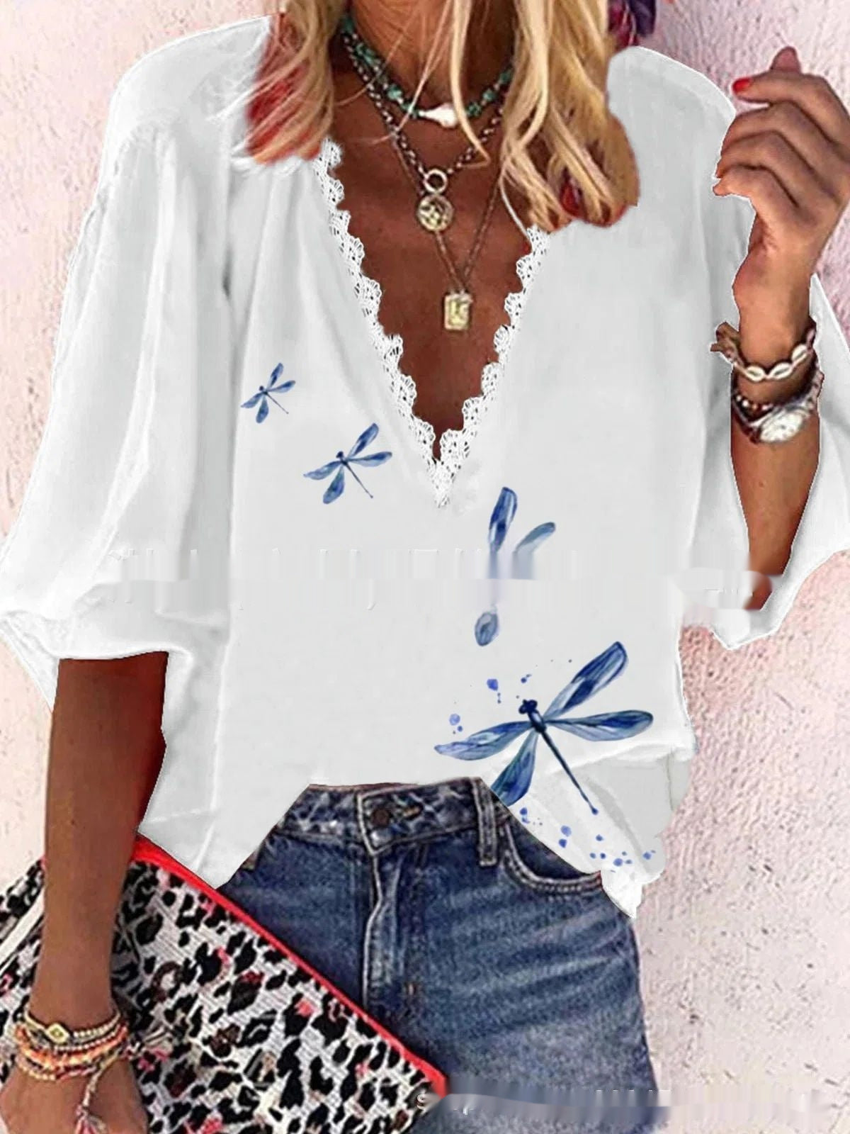 V-neck Half Sleeves Lace Printed Loose Top