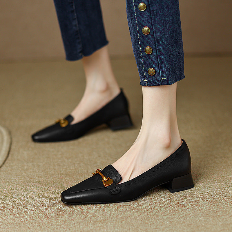 Spring And Autumn New Retro Square Toe Leather Shoes For Women