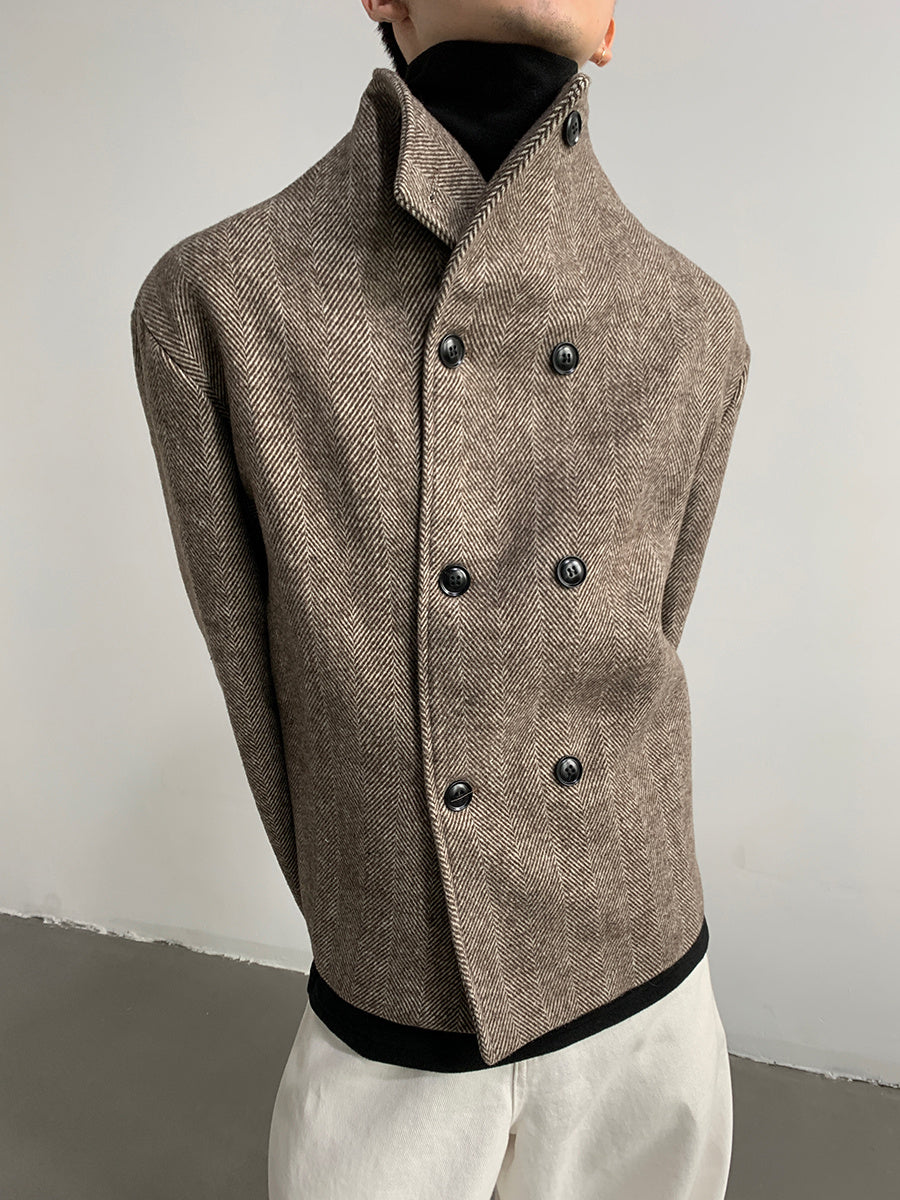 Double Breasted Stand Collar Woolen Cloth Coat Jacket