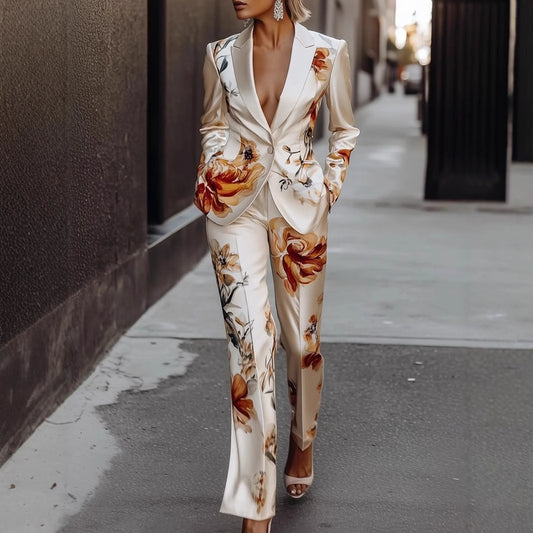 Fashion Printing Satin Long Sleeve Suit Two-piece Set