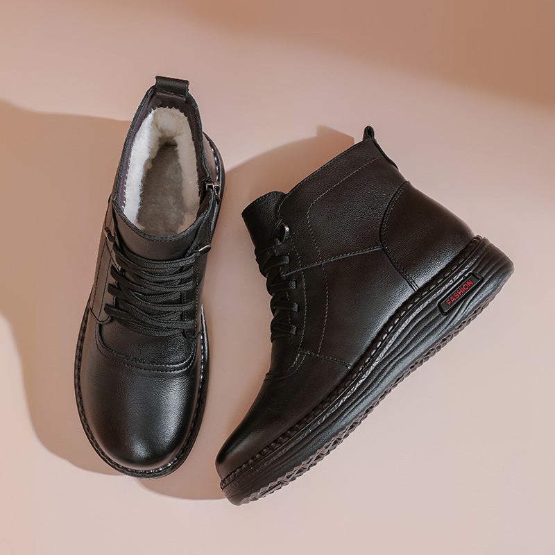 Mother Cowhide Wool Fleece Lined Soft Bottom Non-slip Wear-resistant Ankle Boots