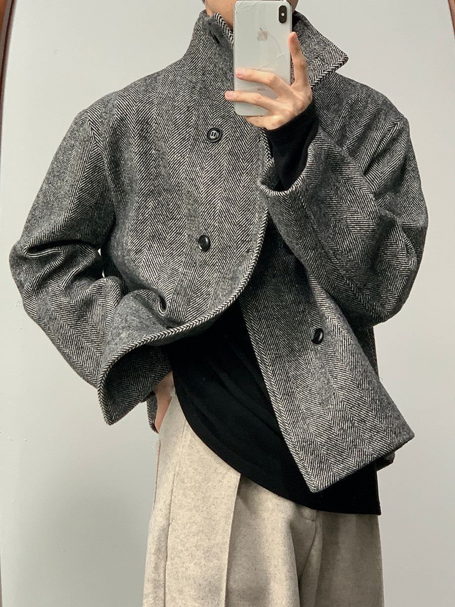 Double Breasted Stand Collar Woolen Cloth Coat Jacket