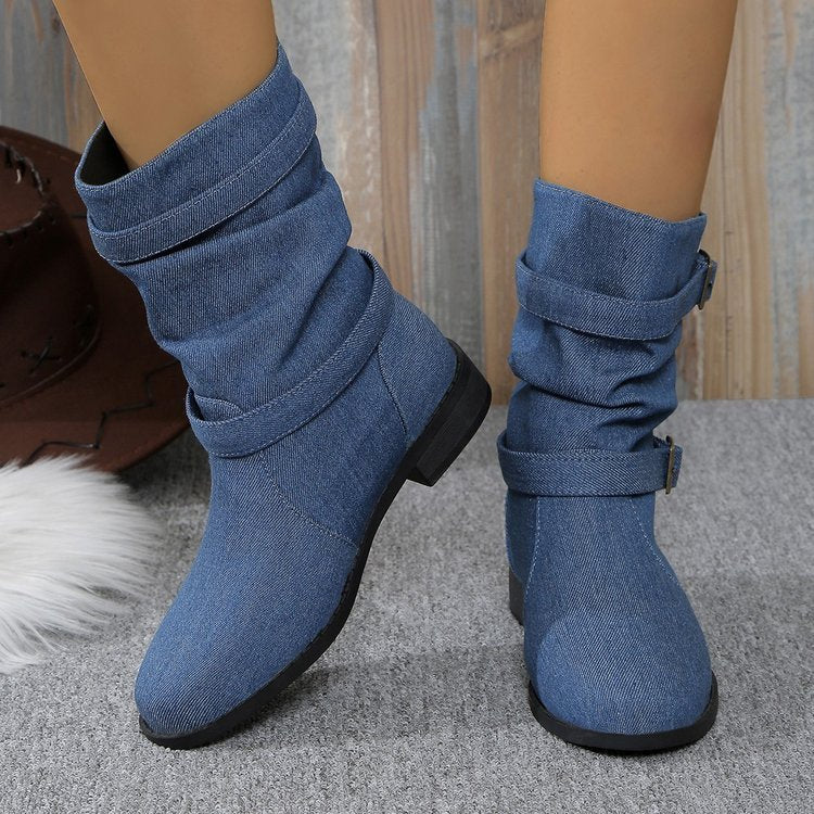 Square Heel Round Toe Women's Denim Leather Boots
