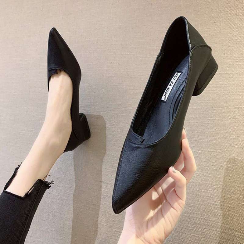 New Spring Versatile Low-cut Women's Mid Heel Chunky Heel Pointed-toe Soft Bottom Work Shoes