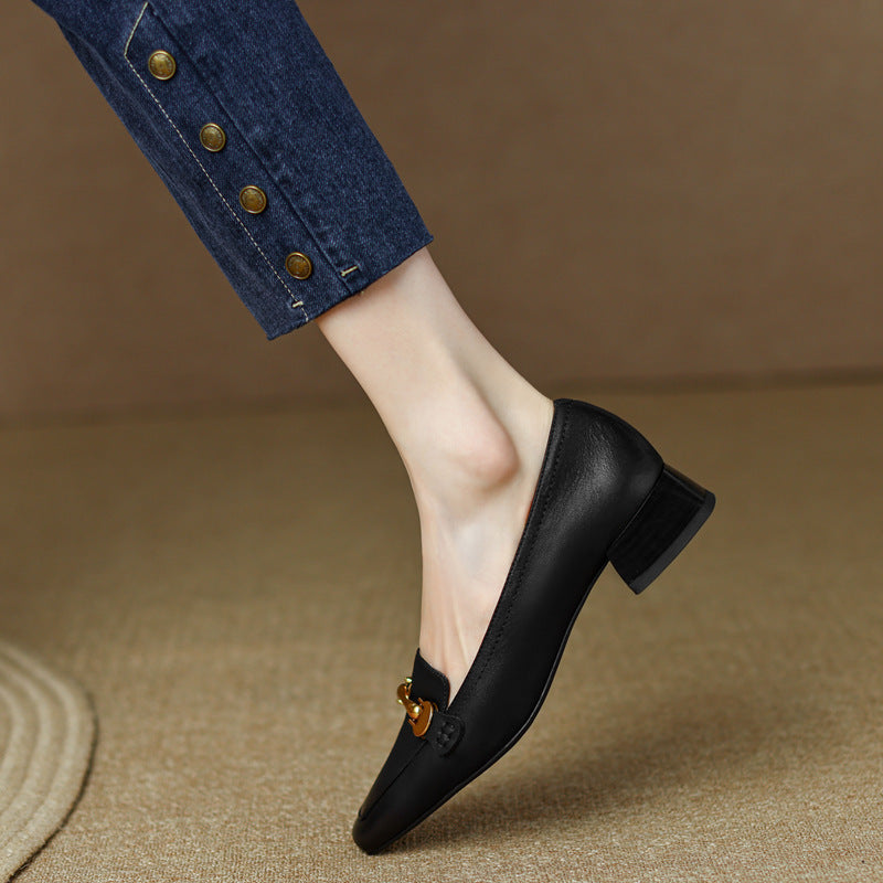 Spring And Autumn New Retro Square Toe Leather Shoes For Women
