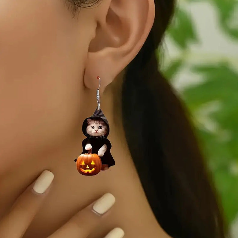 Cat Portable Pumpkin Earrings Acrylic Flat Creative