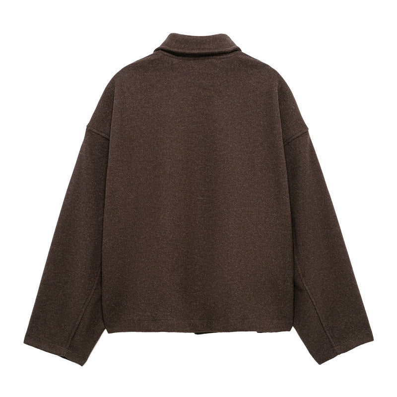 Fashion Loose Lapel Long Sleeves Zipper Woolen Coat