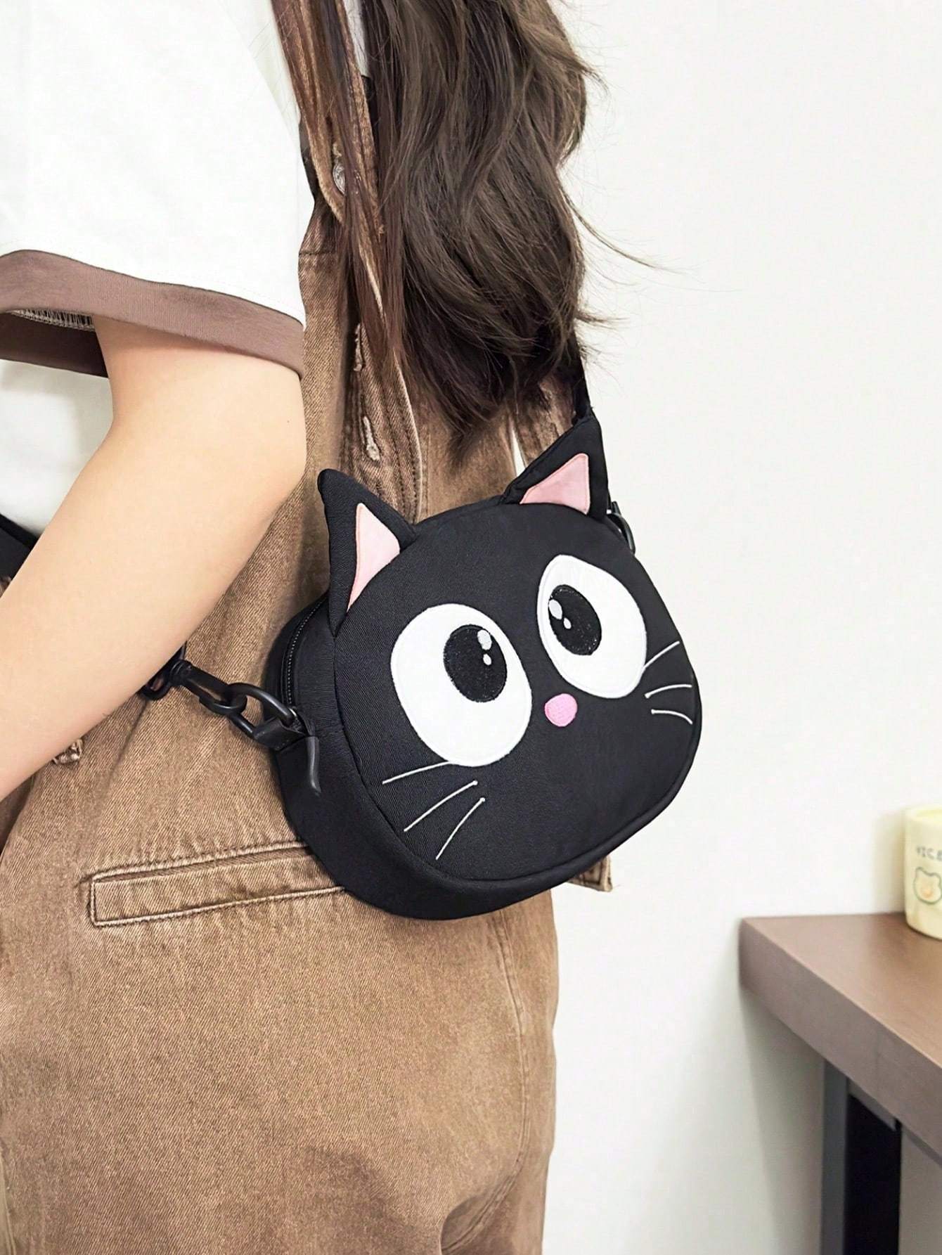 New Cute Cartoon Shoulder Bag Big Eyed Black Cat Messenger Bag For Women  And Versatile Student Storage Coin Purse Bag