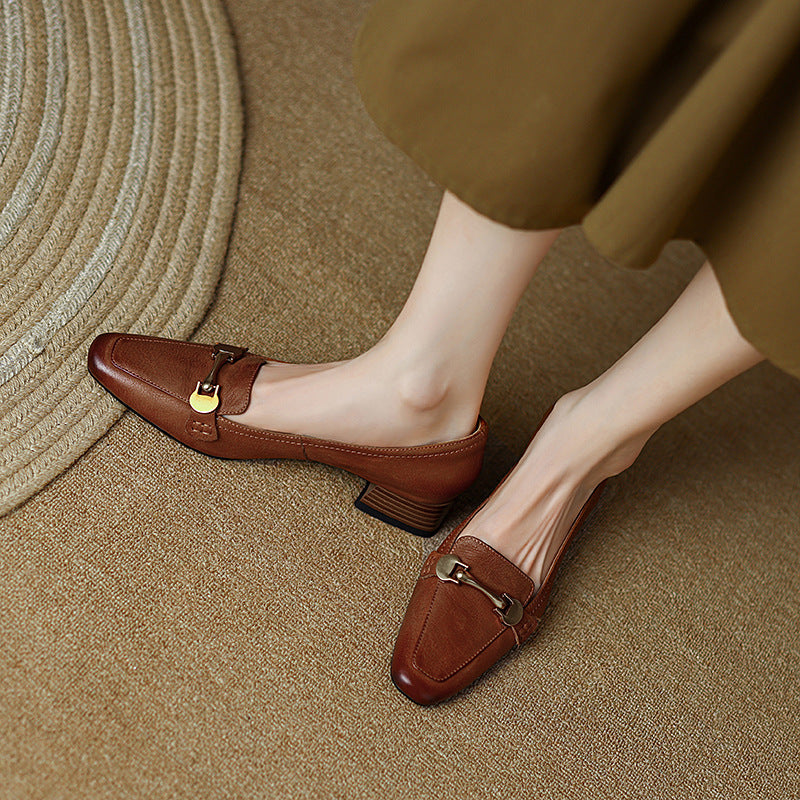 Spring And Autumn New Retro Square Toe Leather Shoes For Women