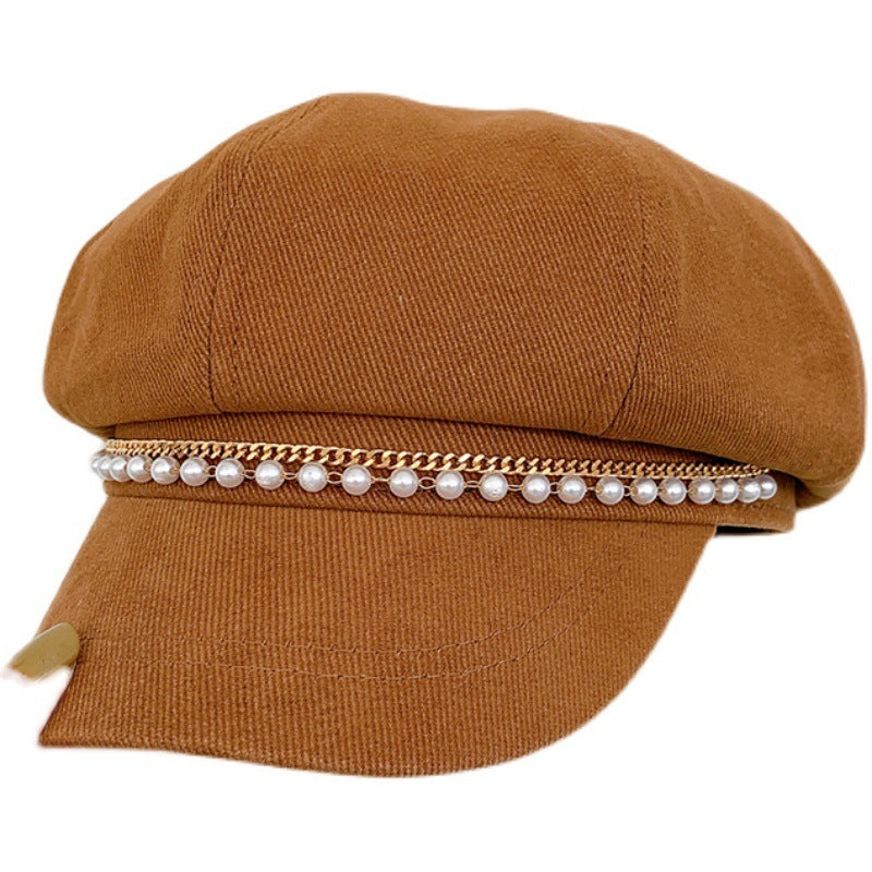 Pearl Octagonal Cap Korean Style All-matching Graceful Beret Classic Style Duck Tongue Newsboy Cap Tide