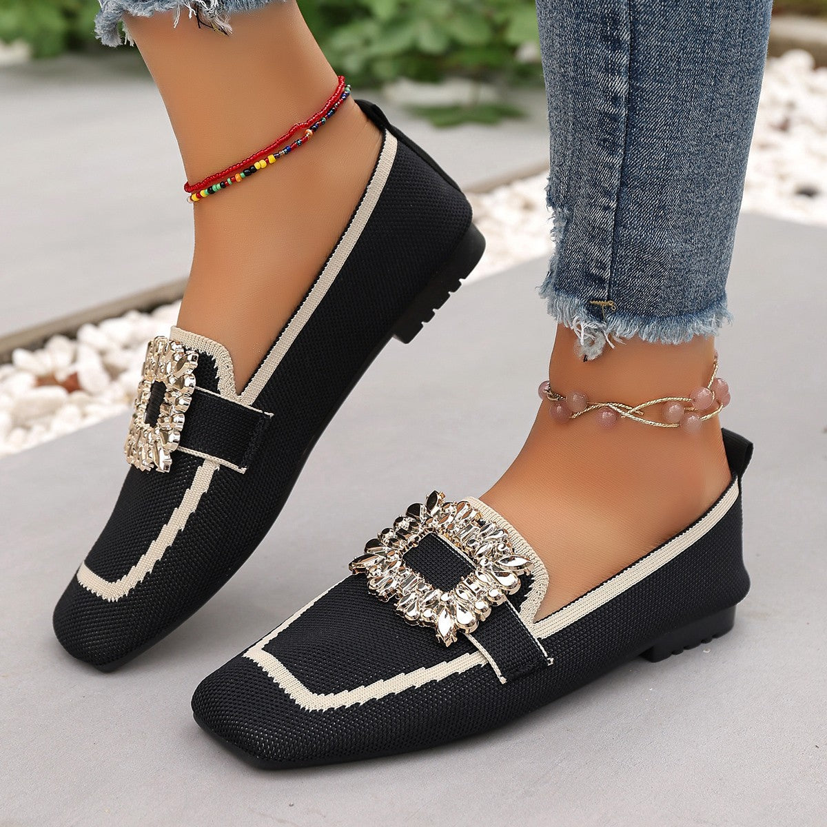 Flyknit Slip-on Square Toe Rhinestone Breathable Plus Size Women's Flat Shoes
