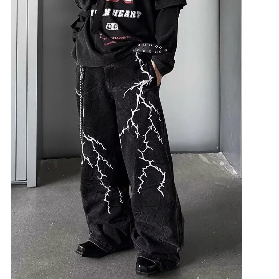 Retro Minority Washed Lightning Embroidered Jeans