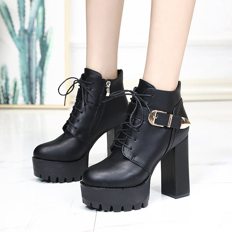 New British Style Chunky Heel Waterproof Platform High Heels