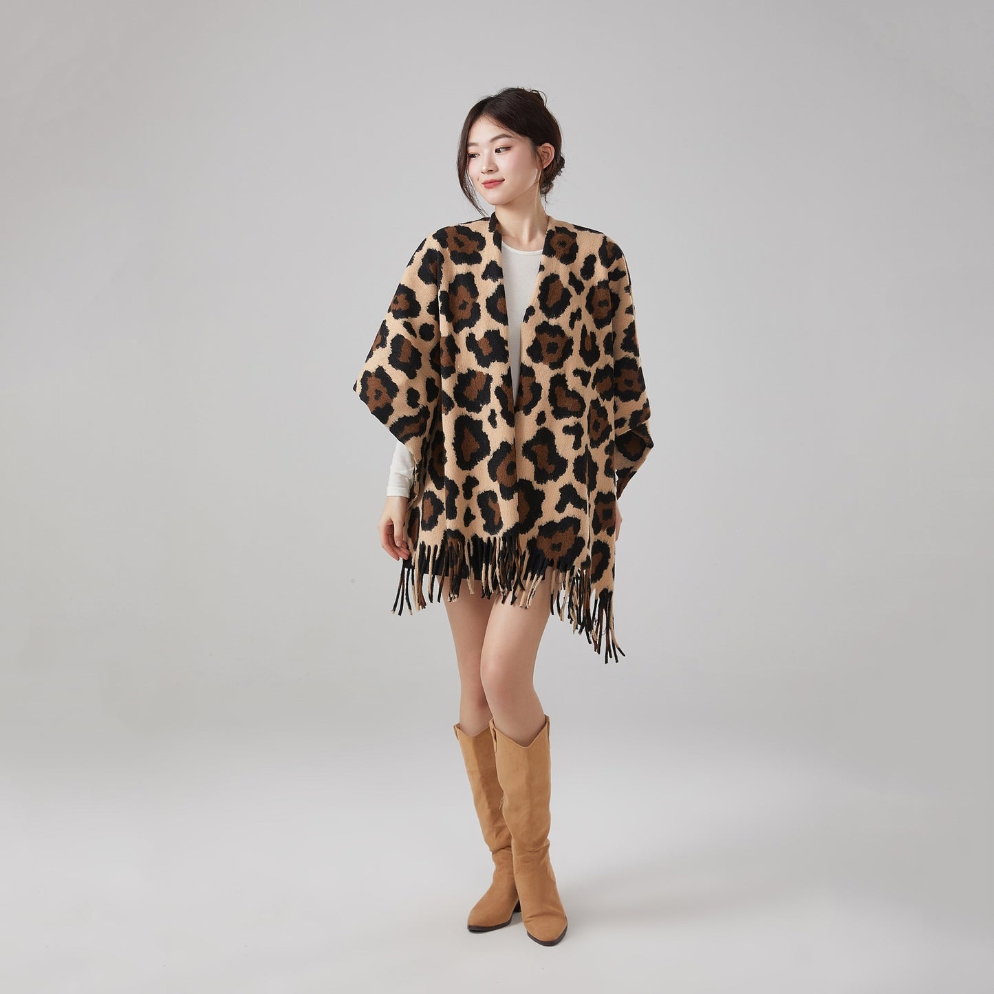 Thick Warm Vintage Leopard Print Tassel Shawl