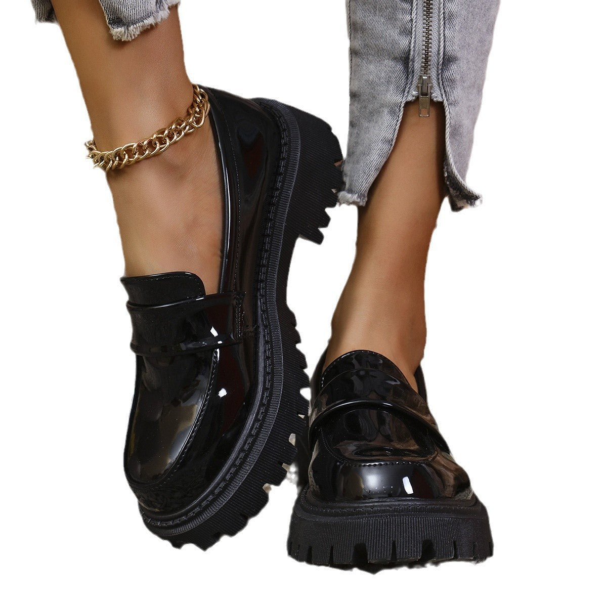 Plus Size British Style Slip-on Thick Bottom Chunky Heel Stylish Loafers