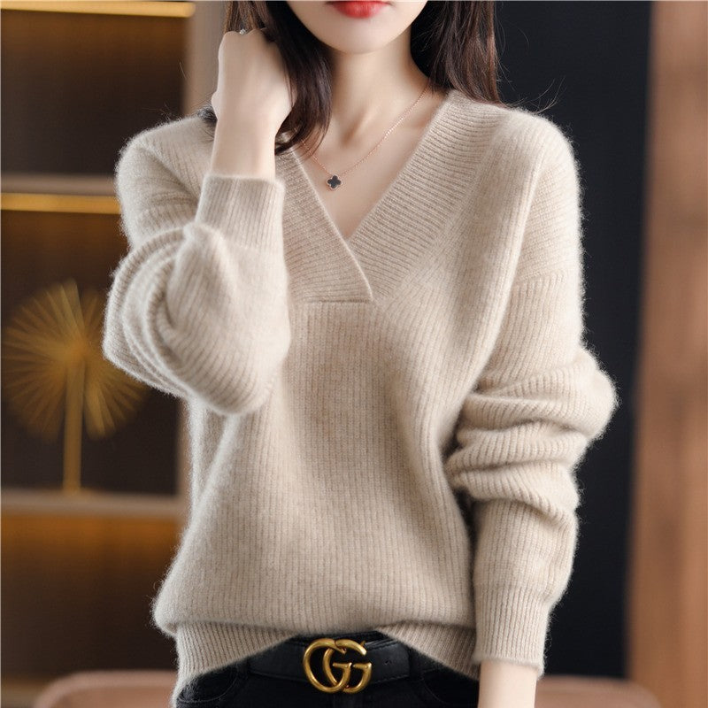 Women's Loose Solid Color And V-neck Pullover Thick Sweater