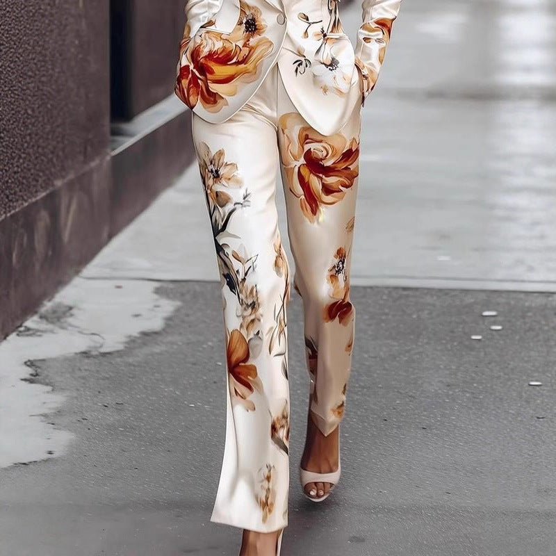 Fashion Printing Satin Long Sleeve Suit Two-piece Set