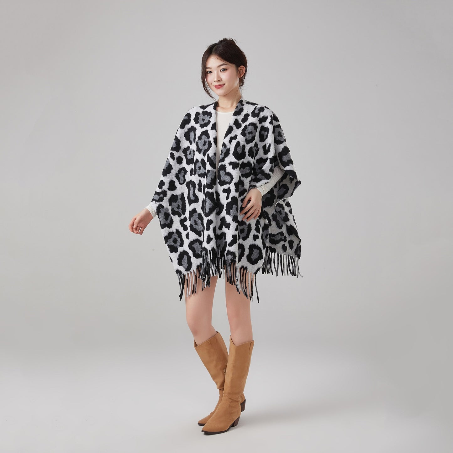Thick Warm Vintage Leopard Print Tassel Shawl