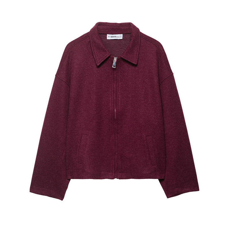 Fashion Loose Lapel Long Sleeves Zipper Woolen Coat