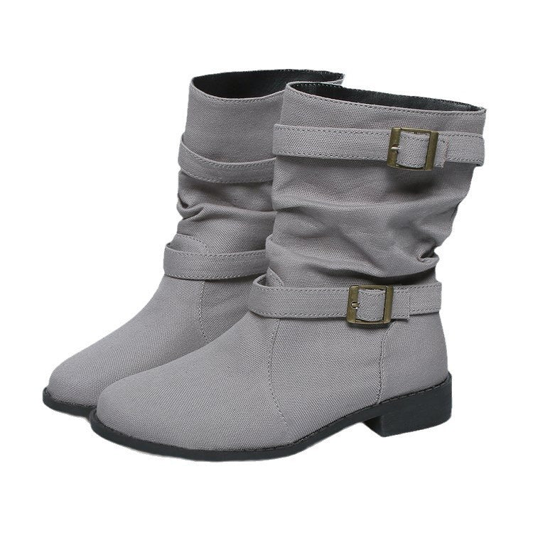 Square Heel Round Toe Women's Denim Leather Boots