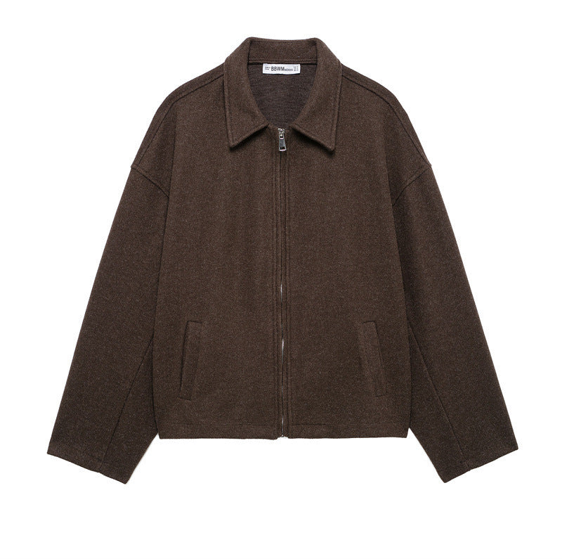 Fashion Loose Lapel Long Sleeves Zipper Woolen Coat