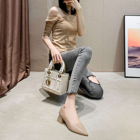 New Spring Versatile Low-cut Women's Mid Heel Chunky Heel Pointed-toe Soft Bottom Work Shoes