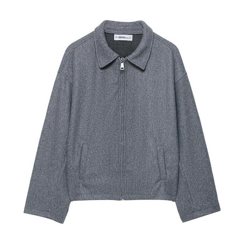 Fashion Loose Lapel Long Sleeves Zipper Woolen Coat