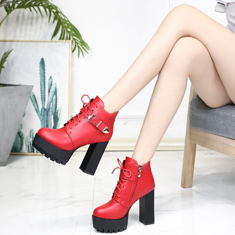 New British Style Chunky Heel Waterproof Platform High Heels