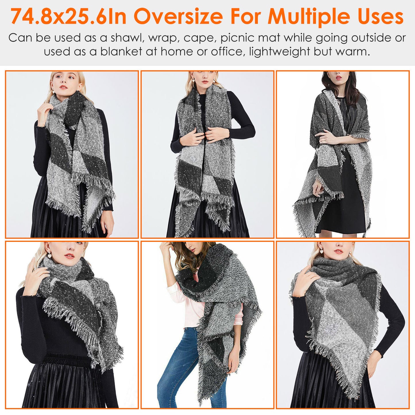 1Pc Women Winter Warm Scarf 74.8x25.6In Long Soft Knitted Shawl Extra Thick Plaid Blanket Wrap Cape