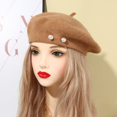 Woolen Large Pearl Decoration Beret Women's Fall Winter Fashion