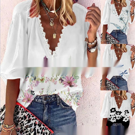 V-neck Half Sleeves Lace Printed Loose Top