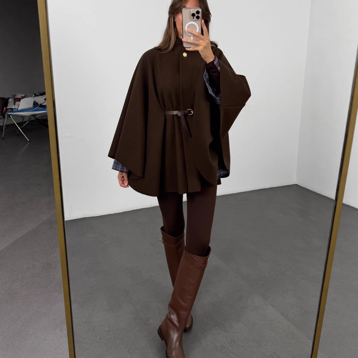 Winter Elegant Style Solid Color Waist Tight Woolen Cape Coat Mid-length