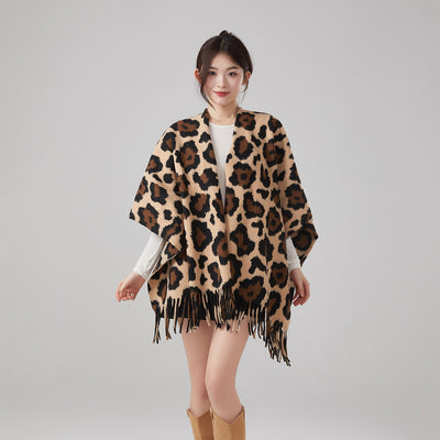 Thick Warm Vintage Leopard Print Tassel Shawl